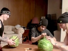 Inked straight guys have fun with watermelons until they blow their load
