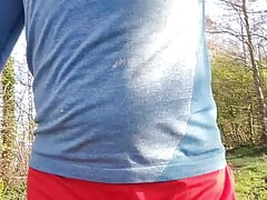 or precum? You decide. Unexpectedly a lot of dripping ruined orgasm. Jogging with bulge in pants pissing risky in public