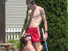 Down his throat, in english, in shorts