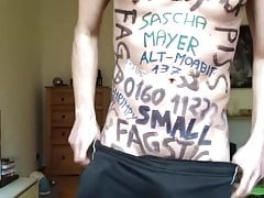 Fag strips and snows his marker pen signs
