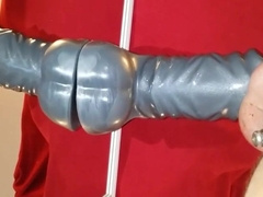 Guts wanking with MASSIVE fake penis in V-Card till ejaculation