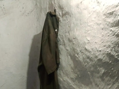 Humid nude fellow in sauna conversing about antique bathhouse, unwrapping, washing and fapping
