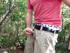 Jerking off in the woods, showing a little sagging in my favorite American Eagle AE boxers. Long edge session. Verbal