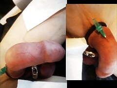 saline injection penis and needles through balls in bdsm cbt games