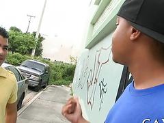 Chocolate hottie drops to his knees to suck an erection