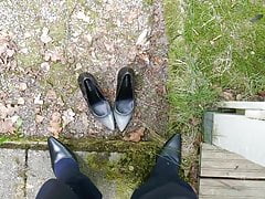 Piss in wifes black and grey stiletto high heels