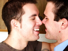 Nude gay man finishes hardcore romance with cum on his body