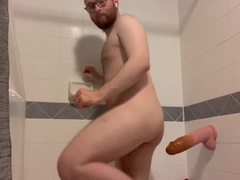 Witness my soapy assets take this immense fake penis