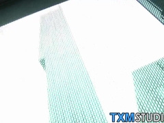 Young British jock blowing big cock in car threeway