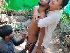 Three college dudes have a wild fuckfest in the woods by the house