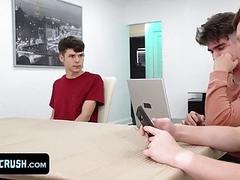 Innocent Twink Gives His Big Step Brothers A Blowjob Under The Table And The Bangs Them From Behind