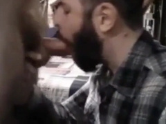 Sub sucking and feeding on his mans load