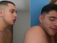 Two hot Latin men enjoying steamy shower action for cash - Dickforcash