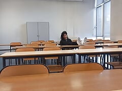 Horny at school during course revision, this French-Asian student takes out his cock in public, jerks off in a risky university
