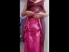 Crossdressing and cum wearing long gown with silky lining
