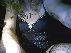Desperate mature tgurl fag slag Sarah Millward is hungry for cock, but has only has a big, black dildo