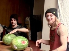 Inked straight guys have fun with watermelons until they blow their load