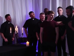 Pale ginger is on his knees and he is ready to serve