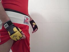 Boxer is edged before treadmill, creams n cums in groin cup