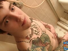 Tattooed straight thug Blinx masturbates cock and cums solo