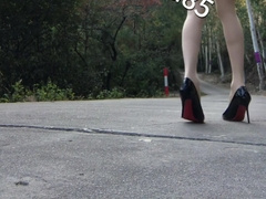 sissy in the pinkish micro-skirt outdoor have fun country road 1