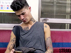 tattooed Latino boy barebacked rigid in a threesome