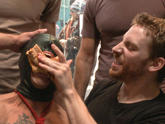 Insolent men treat male slave with perversions in merciless gangbang in public