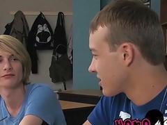 Blonde twink fucks his classmate after sucking his hard dick