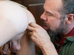 Muscular sergeant ass fucks twwn scout in his office and comes on his dick