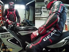 Cumming on my bike in lather race suit - 2018