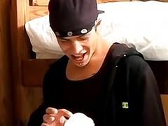 Inked twink bangs toy pussy before BJ