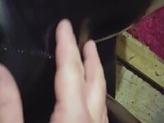 Masturbation in shiny skin tight pants