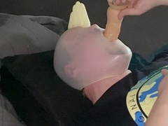 My second Breathplay. spandex Glovemask and fake penis suckig 26x7m