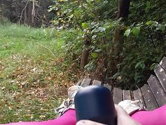 In lingerie handjob with masturbator, outside