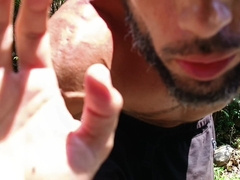 Getting Off by a tropical sea and large and gigantic popshot on a stone