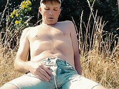 Scallyoscar piss drinking and soaking ripped denim shorts outdoor