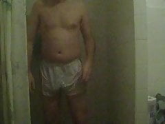 Me in Adidas satin nylon shiny whi with black stripes short