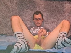 Playing with my cock after college in yellow lingerie and socks covered in cum