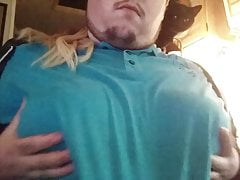 Enby femboy plays w their beautiful male breasts - wet tee