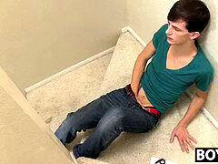 young Jasper Robinson jacks off by fuck stick in staircase
