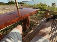 The dude drains a enormous sexy pipe in nature at dawn on a day off
