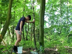 Balls Stretching Outdoor With Bucket Filled With Water And Jerk Off