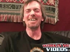 Hairy amateur jerks off and cums naked after an interview