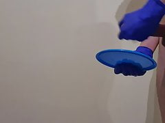 Swallowing my own cum after latex gloves handjob