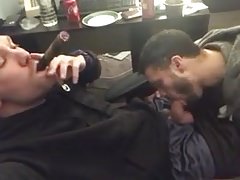He smokes a cigar and get his cock blown