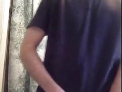 average guy strips, wanks and cums in the bathroom