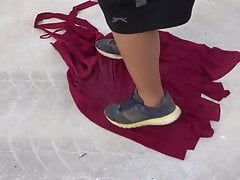 trample & clean shoes on red dress 6
