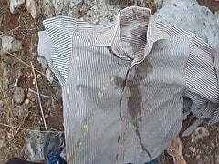 piss on grey striped shirt