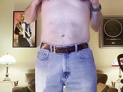 Horny daddy strips and stokes