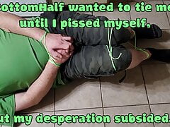 MBH wants to tie me up until I piss myself, but then I accidently pee my shorts outside. She's not happy, gets me back!